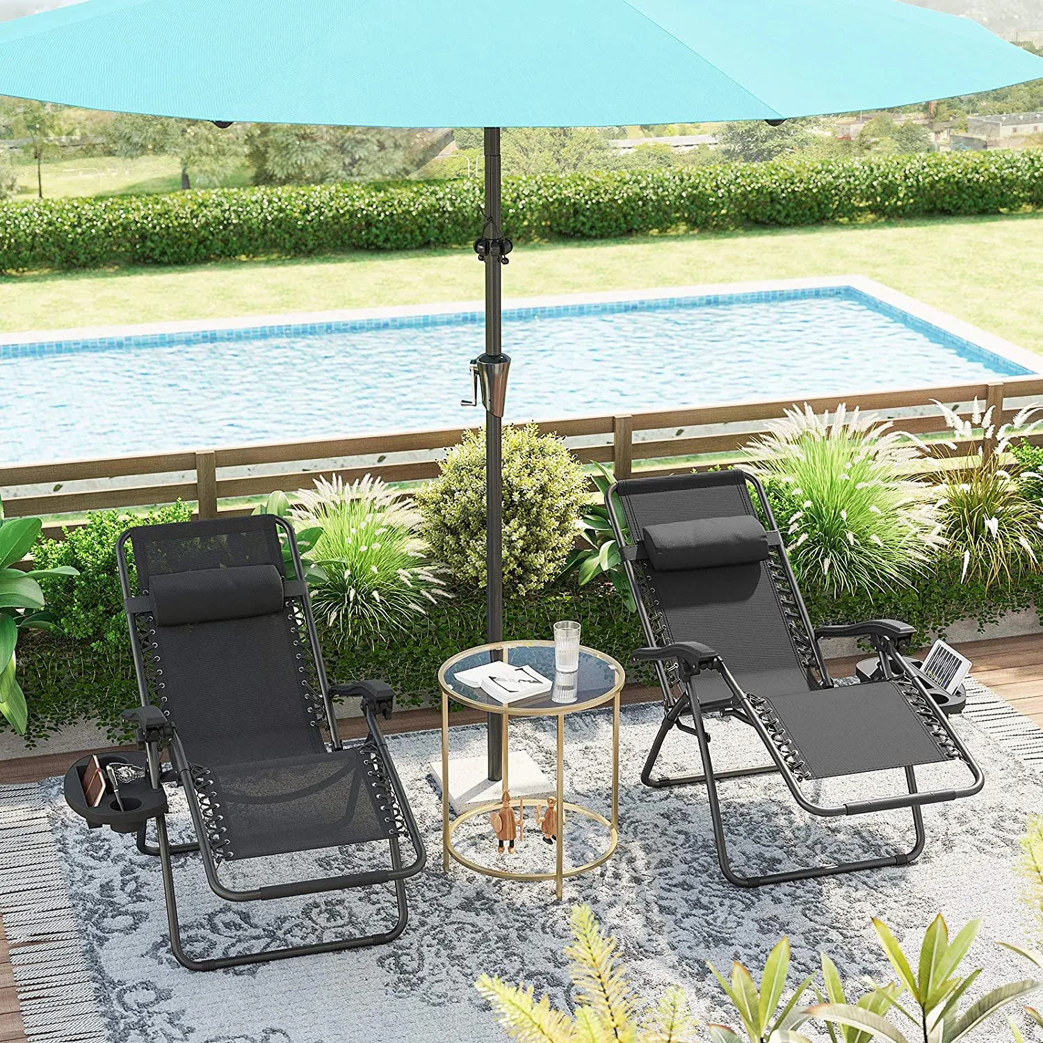 New in box! SONGMICS Zero Gravity Chairs, Set of 2 Outdoor Lounge Chairs, Patio Chaise Lounges, Reclining Comfortable Ergonomic Foldable and Lockable, with Headrest and Cup Holder, Black UGCB001B01