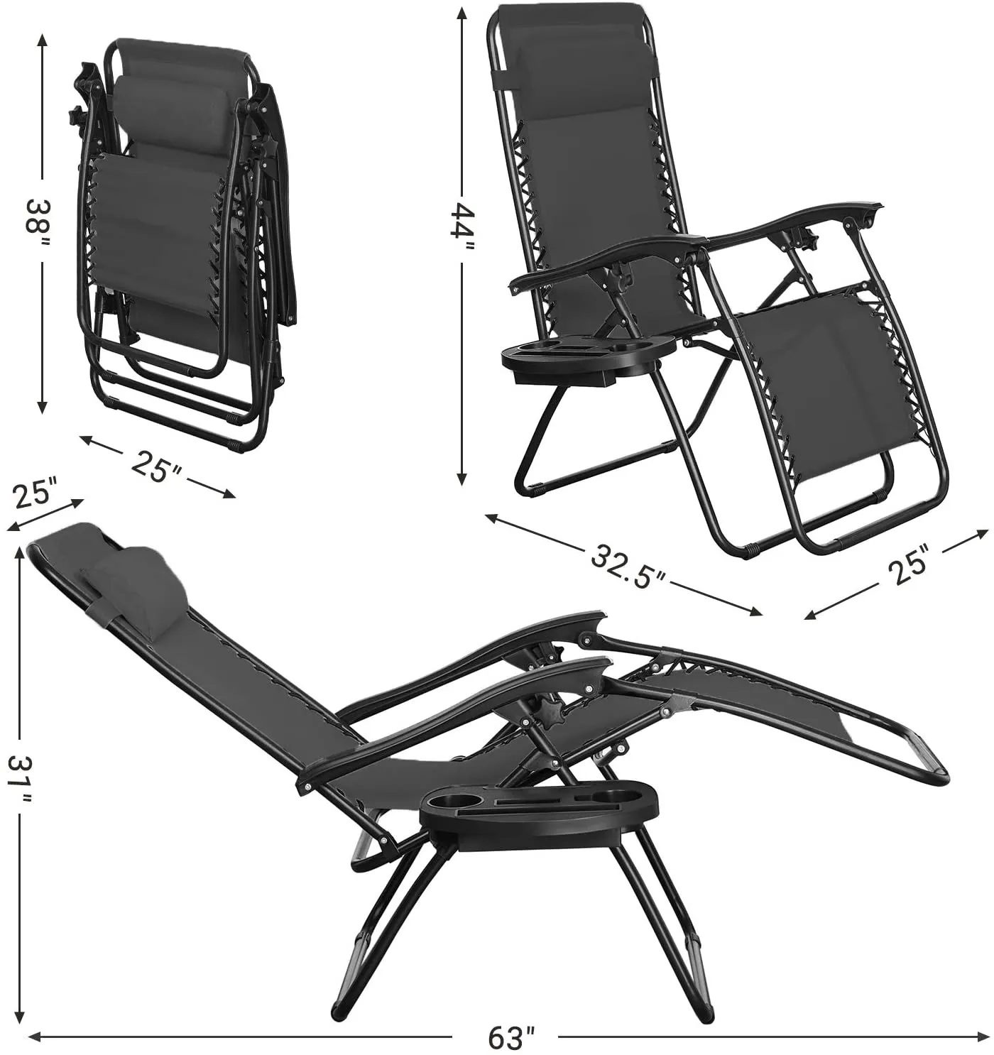 New in box! SONGMICS Zero Gravity Chairs, Set of 2 Outdoor Lounge Chairs, Patio Chaise Lounges, Reclining Comfortable Ergonomic Foldable and Lockable, with Headrest and Cup Holder, Black UGCB001B01
