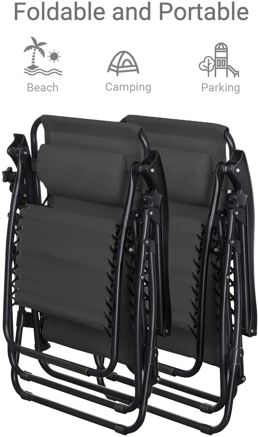New in box! SONGMICS Zero Gravity Chairs, Set of 2 Outdoor Lounge Chairs, Patio Chaise Lounges, Reclining Comfortable Ergonomic Foldable and Lockable, with Headrest and Cup Holder, Black UGCB001B01