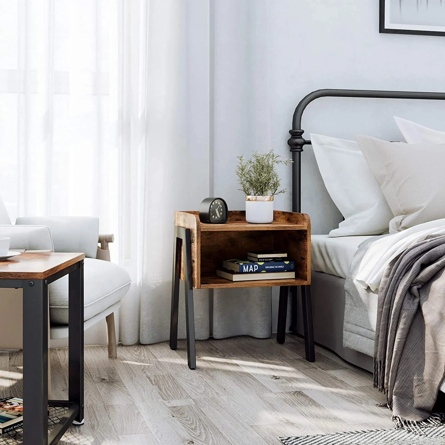 New in box! VASAGLE Industrial Side Table in Rustic Brown Finish with Matte Black Steel Legs!