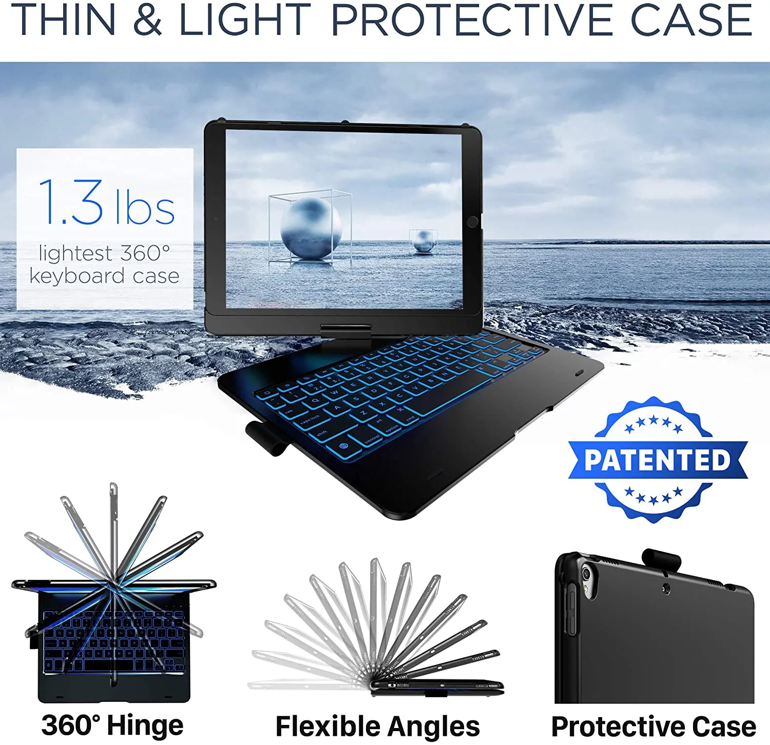 New in box! YEKBEE iPad Keyboard Case for iPad 2018 (6th Gen) - iPad 2017 (5th Gen) - iPad Pro 9.7 - iPad Air 2 & 1 - Thin & Light - 135° Folding - Wireless/BT - Backlit 10 Color - iPad Case with Keyboard (Black)