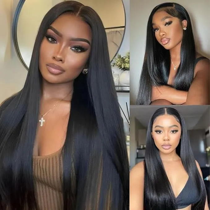 NEW Natural Black Long Straight Wig Lace Front Synthetic Wigs Natural Hairline Heat-resistant Fiber Wig For Daily Party Use (24Inch)