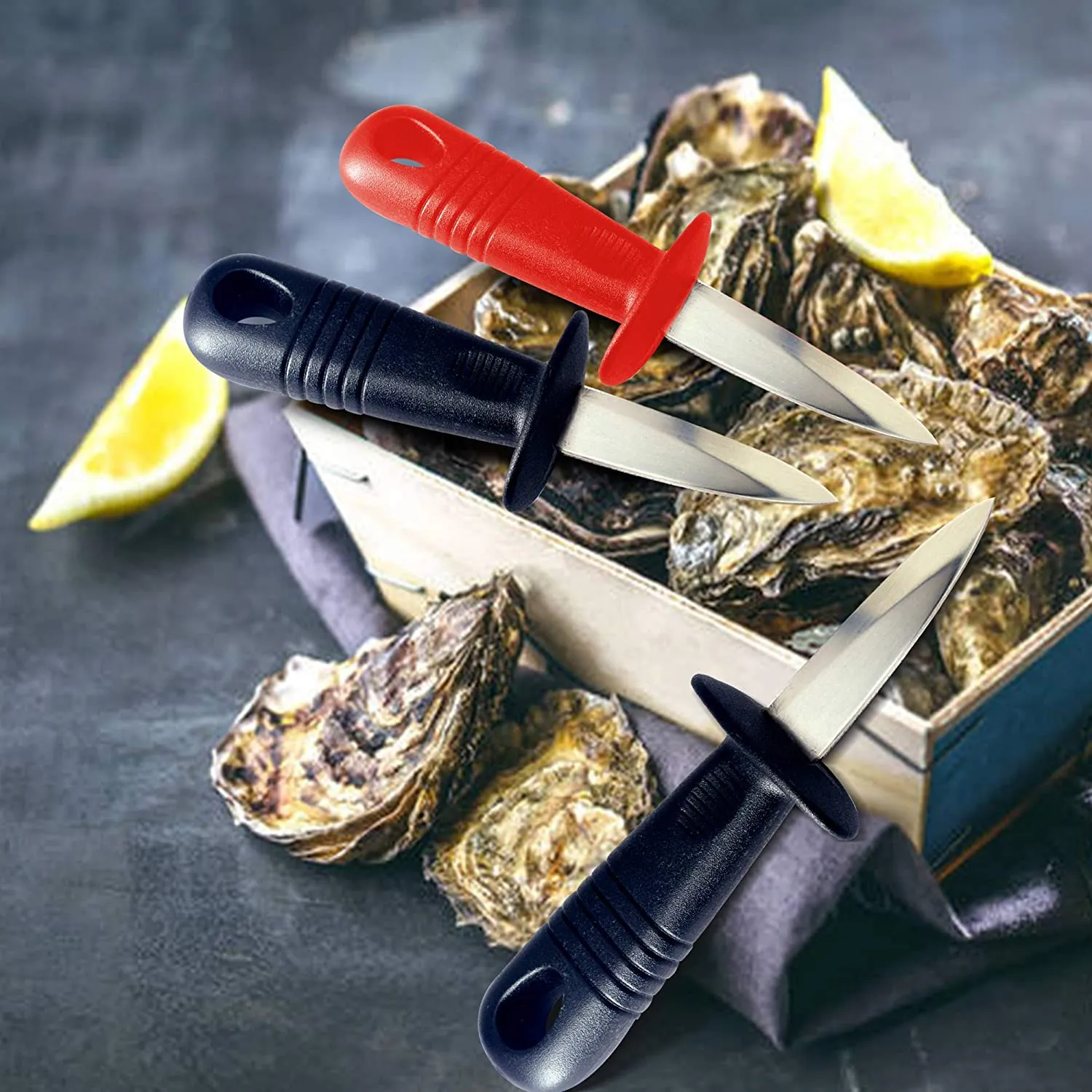 New Oyster Knives with Cut Resistant Gloves Set, Oyster Shucking Knife with Plastic Non-Slip Handle, Opener Kit Tools for Oyster Clam Shellfish Seafood (2 Black 2 Red)