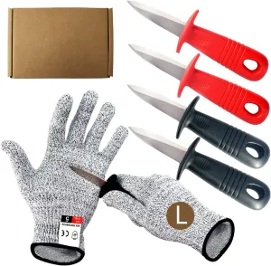 New Oyster Knives with Cut Resistant Gloves Set, Oyster Shucking Knife with Plastic Non-Slip Handle, Opener Kit Tools for Oyster Clam Shellfish Seafood (2 Black 2 Red)
