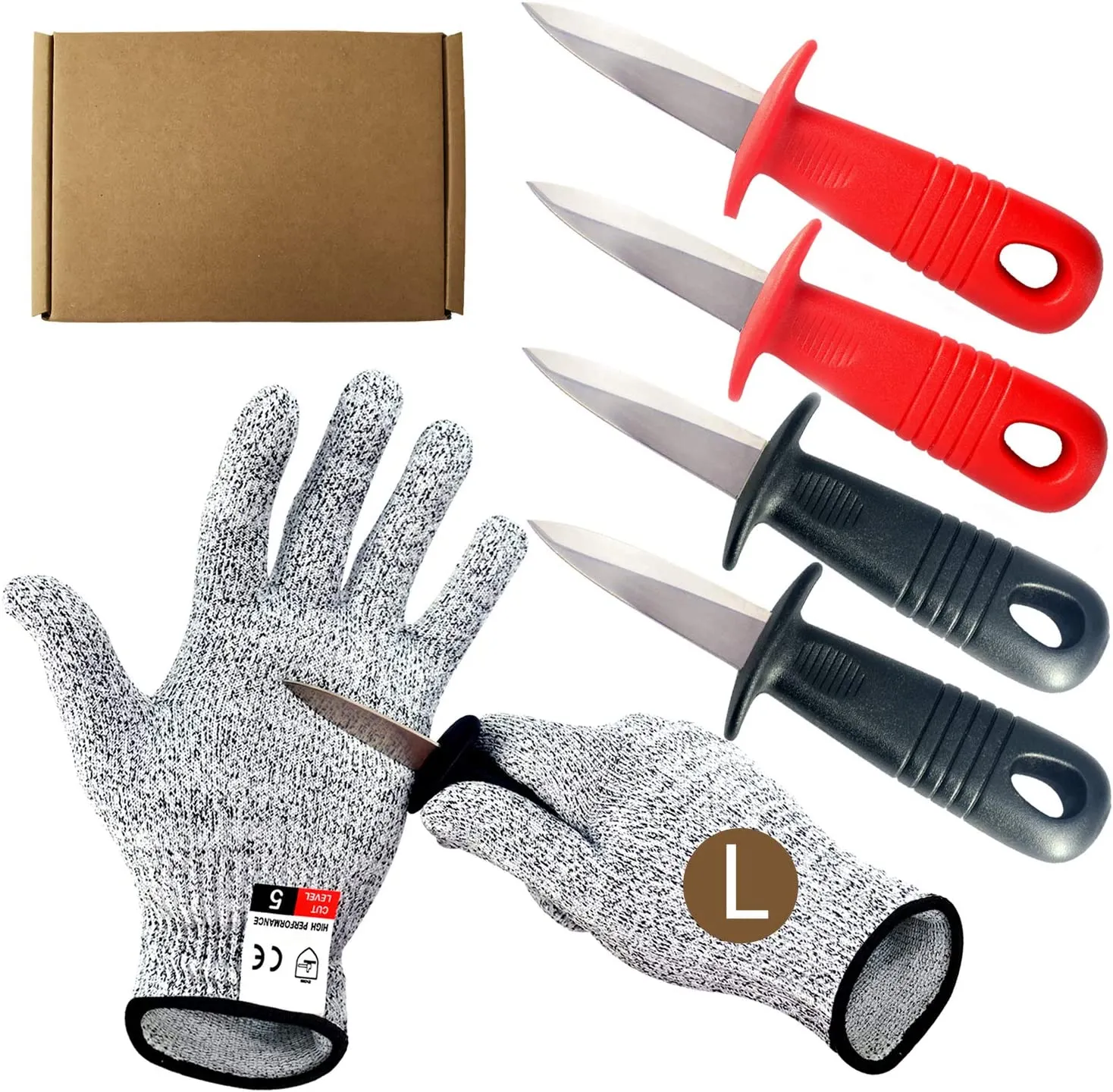 New Oyster Knives with Cut Resistant Gloves Set, Oyster Shucking Knife with Plastic Non-Slip Handle, Opener Kit Tools for Oyster Clam Shellfish Seafood (2 Black 2 Red)