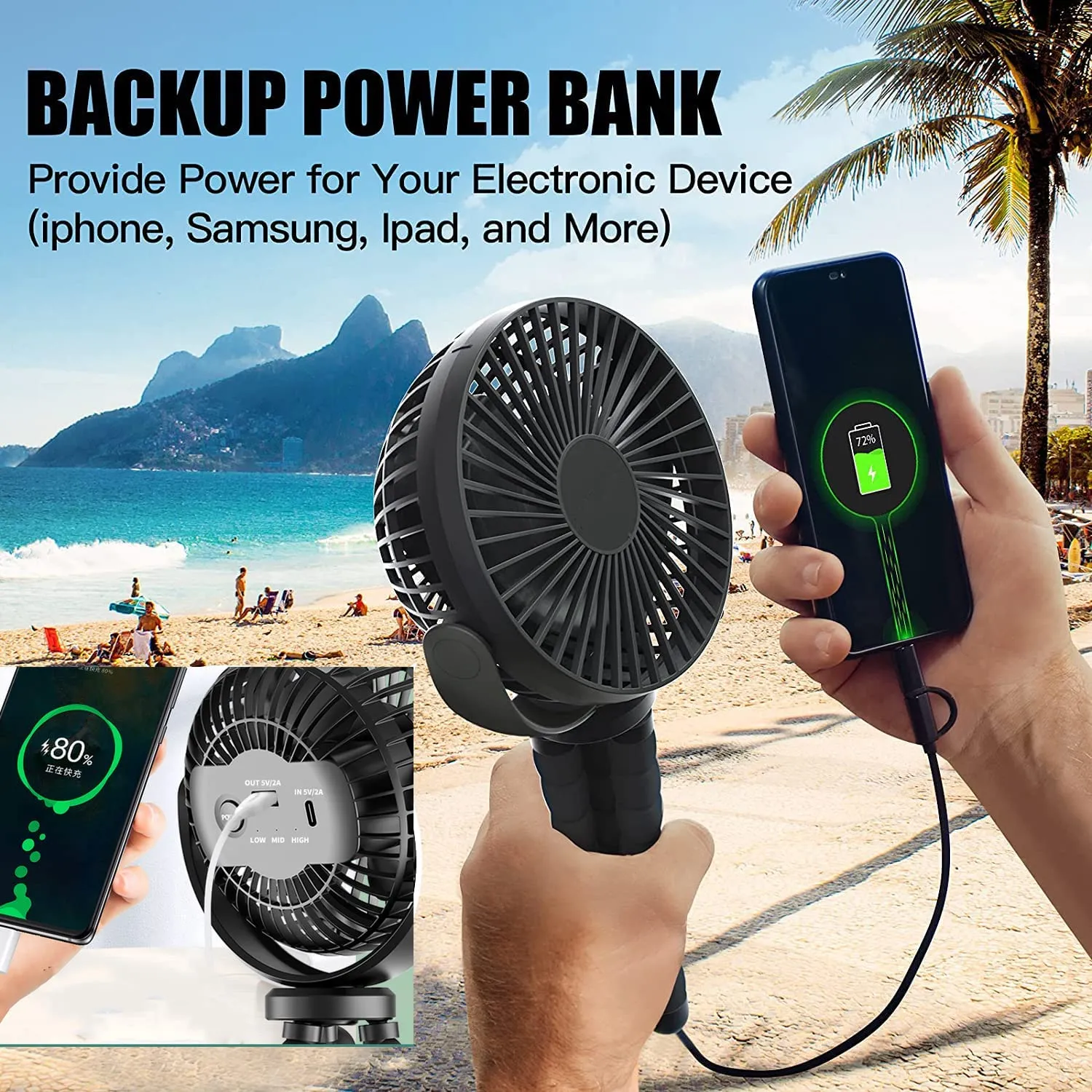 New Portable Multi Use Fan with power bank, USB Rechargeable with Flexible Tripod, 5200mAh Rechargeable Battery, 36 Hours Run-time! hold it, fix it, hang it, and fold it...
