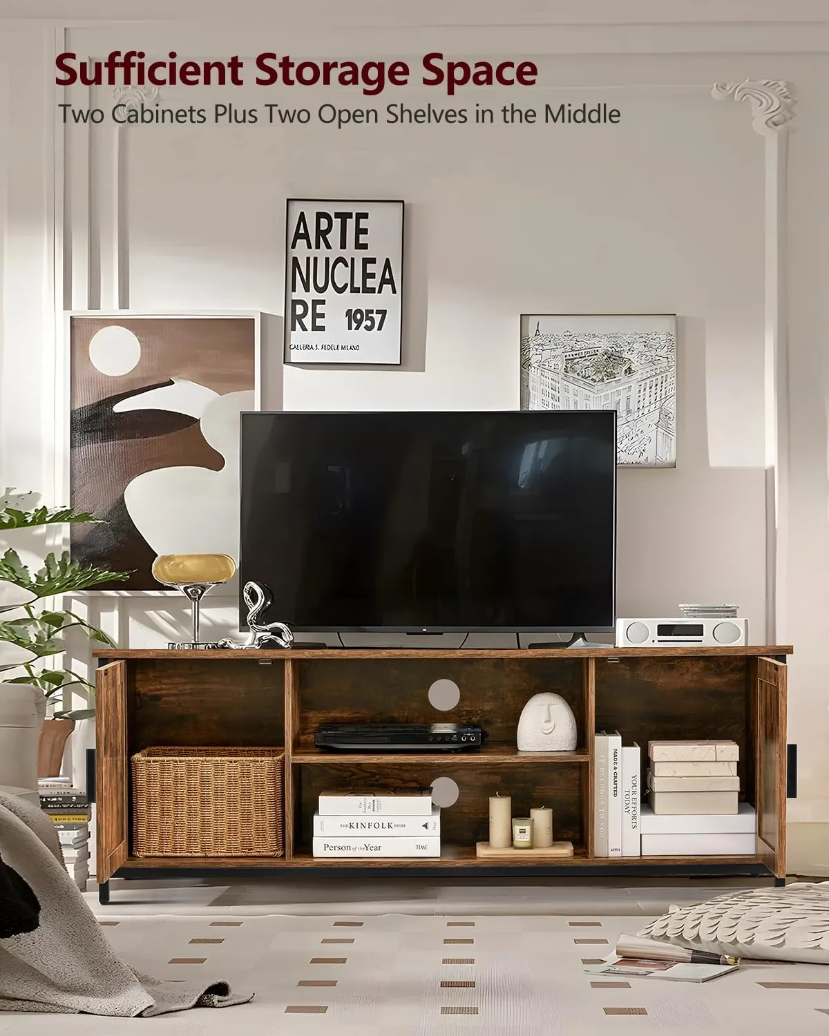 NEW Retails $169 , Fully Assembled, WEENFON Farmhouse TV Stand for up to 65 Inch TV, Entertainment Center with 2 Cabinets & Shelf, TV Stand with Metal Frame & Cable Management, for Living Room, Rustic Brown