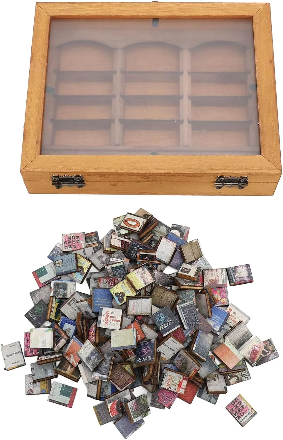 New Retails $47  Anxiety Relieving Miniature Bookshelf, Solid Wood Construction, Filled with 196 Folded Books, Artistic Accent Book Box Display Case Cabinet for Living Room, Coffee Shop