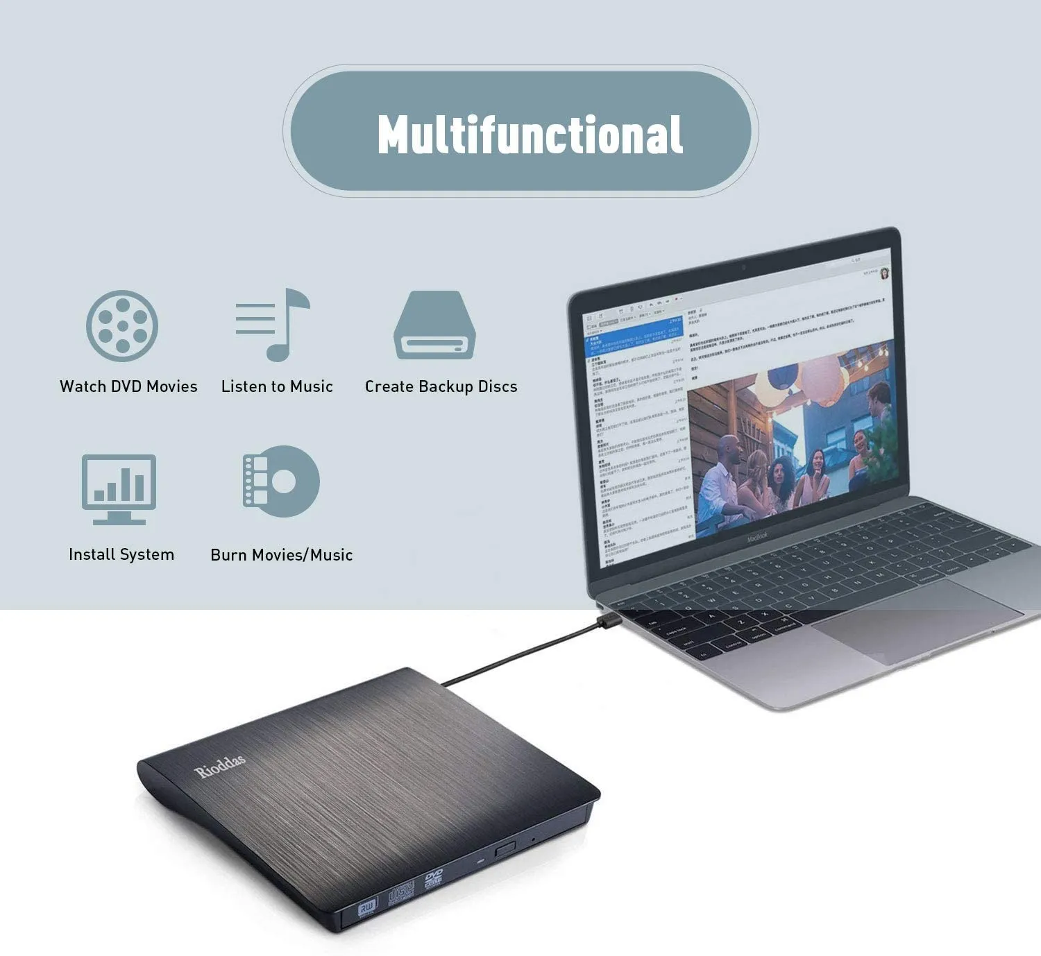 New Rioddas External CD Drive, USB 3.0 Portable CD/DVD  /-RW Drive Slim DVD/CD ROM Rewriter Burner Superdrive High Speed Data Transfer for Laptop Desktop PC Windows Linux OS Apple Mac