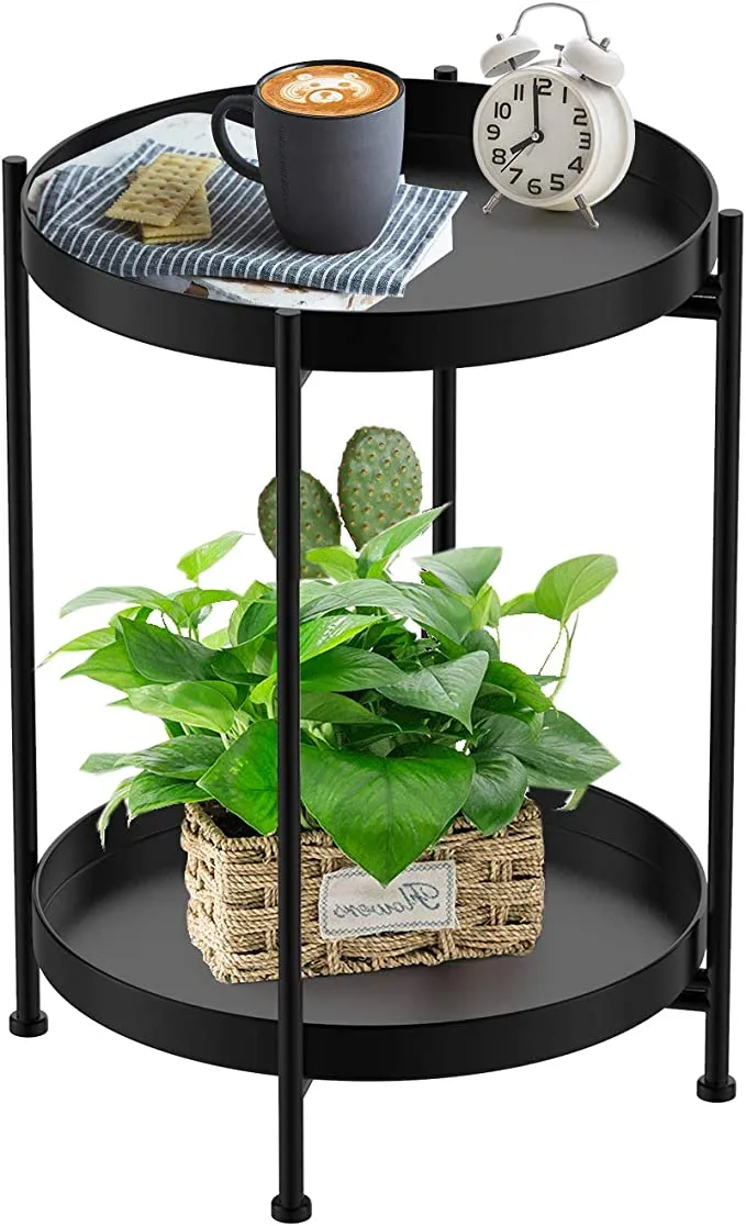 New Round Side Table,Black Metal 2 Tier Tray Metal End Table for Sofa Living Room Tea Table Small Spaces! Retails $71 