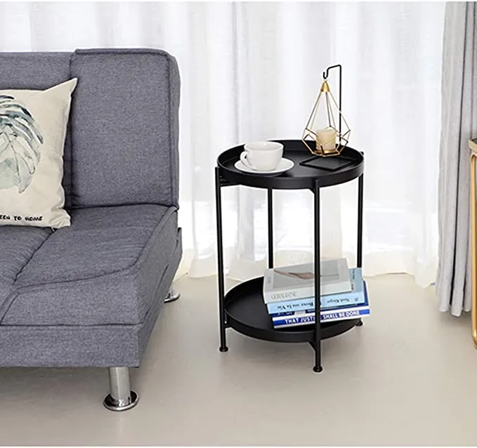 New Round Side Table,Black Metal 2 Tier Tray Metal End Table for Sofa Living Room Tea Table Small Spaces! Retails $71 