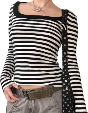 New Sz M Casual Black and White Striped Long Sleeve Shirt Aesthetic Boat Neck Top Trendy Pullover Slim Fit Tee Shirt