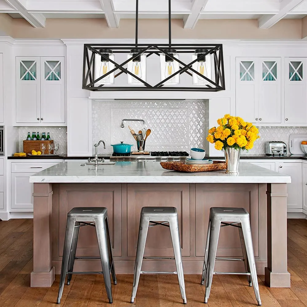 New TODOLUZ 30.35” Dining Room Lighting Fixtures Hanging Black Finish 4-Lights Open Frame Farmhouse Chandelier Pendant Light for Kitchen Island Pool Table with Clear Glass Retails $478 