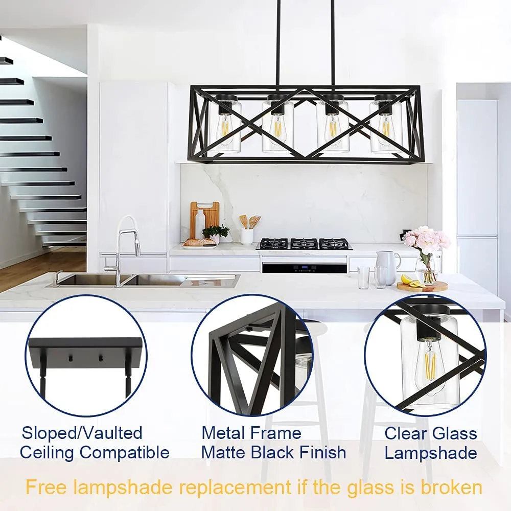 New TODOLUZ 30.35” Dining Room Lighting Fixtures Hanging Black Finish 4-Lights Open Frame Farmhouse Chandelier Pendant Light for Kitchen Island Pool Table with Clear Glass Retails $478 