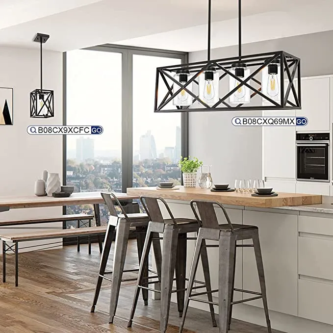New TODOLUZ 30.35” Dining Room Lighting Fixtures Hanging Black Finish 4-Lights Open Frame Farmhouse Chandelier Pendant Light for Kitchen Island Pool Table with Clear Glass Retails $478 
