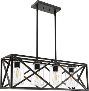New TODOLUZ 30.35” Dining Room Lighting Fixtures Hanging Black Finish 4-Lights Open Frame Farmhouse Chandelier Pendant Light for Kitchen Island Pool Table with Clear Glass Retails $478 