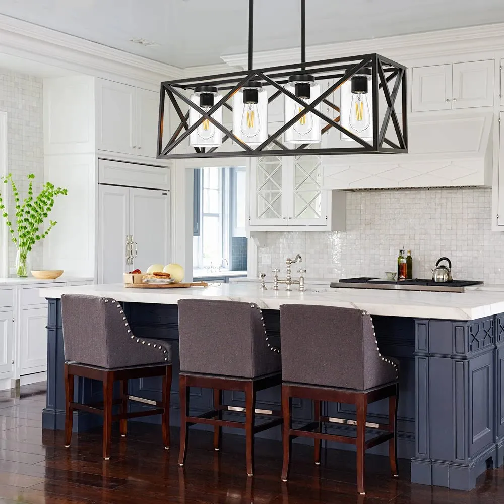 New TODOLUZ 30.35” Dining Room Lighting Fixtures Hanging Black Finish 4-Lights Open Frame Farmhouse Chandelier Pendant Light for Kitchen Island Pool Table with Clear Glass Retails $478 
