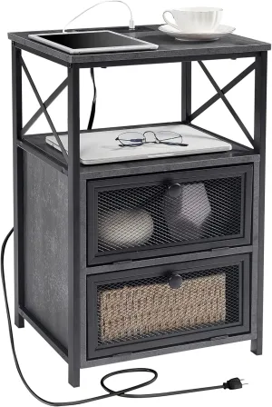 NEW VECELO End Table with USB Ports and Outlets, 24Inch Nightstand with Charging Station and Storage Shelf for Bedroom, Living Room, Charcoal Grey!