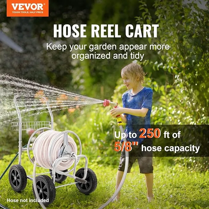 New VEVOR Hose Reel Cart, Hold Up to 250 ft of 5/8’’ Hose, Garden Water Hose Carts Mobile Tools with 4 Wheels, Heavy Duty Powder-Coated Steel Outdoor Planting with Storage Basket, for Garden, Yard, Lawn! Retails $220 