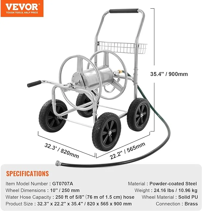 New VEVOR Hose Reel Cart, Hold Up to 250 ft of 5/8’’ Hose, Garden Water Hose Carts Mobile Tools with 4 Wheels, Heavy Duty Powder-Coated Steel Outdoor Planting with Storage Basket, for Garden, Yard, Lawn! Retails $220 