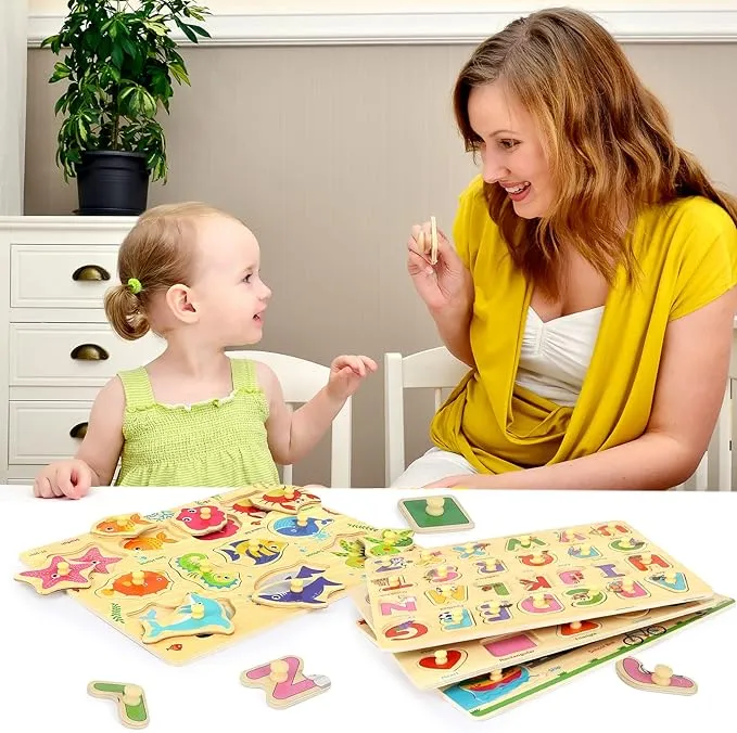 New Wooden Peg Puzzles for Toddlers-Alphabet Number Shape Vehicles Animals Learning Puzzles Board Toys for Kids Ages 3 4 5 6, Preschool Educational Gifts for Boys Girls(Set of 4) Retails $28 