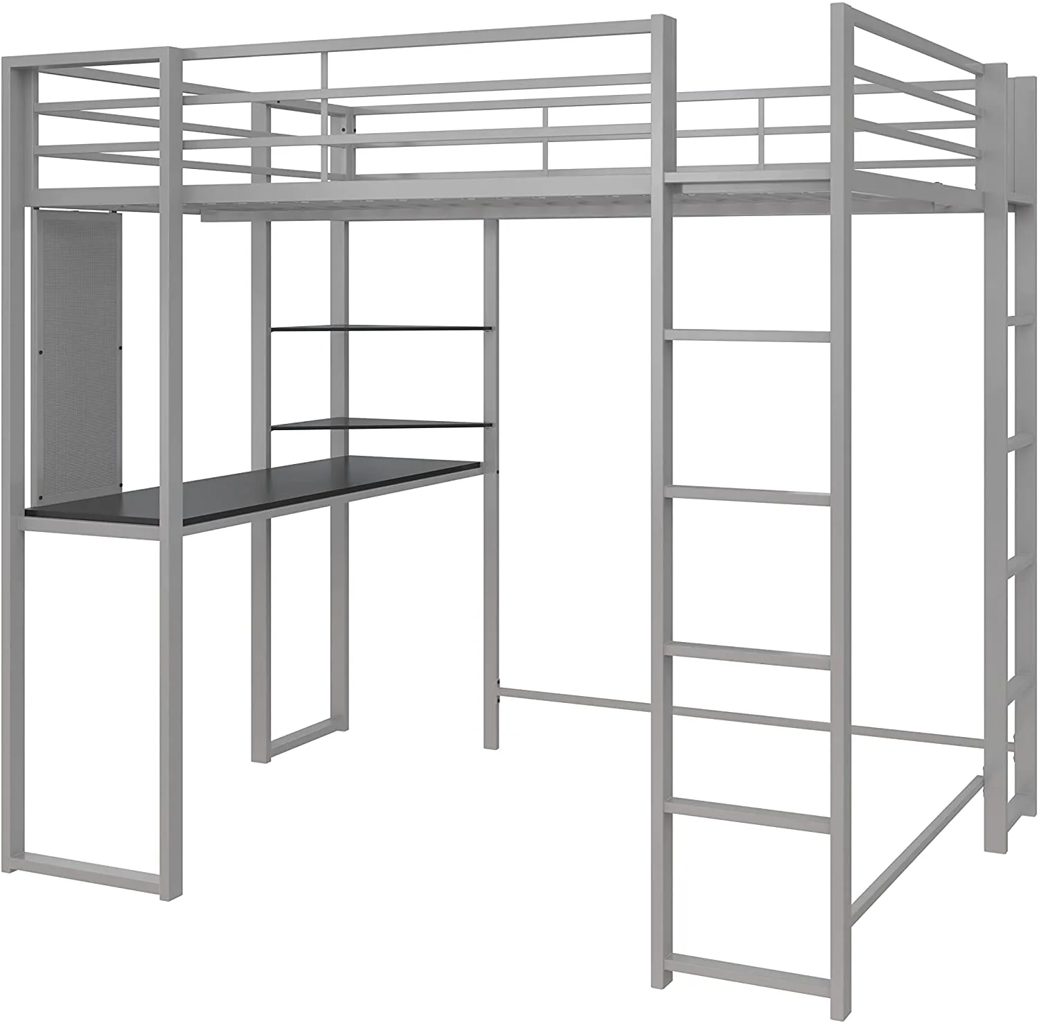 NIB! DHP Abode Full Size Metal Loft Bed with Black desk & shelves, Silver! Sleek & Sturdy! Retails $643 