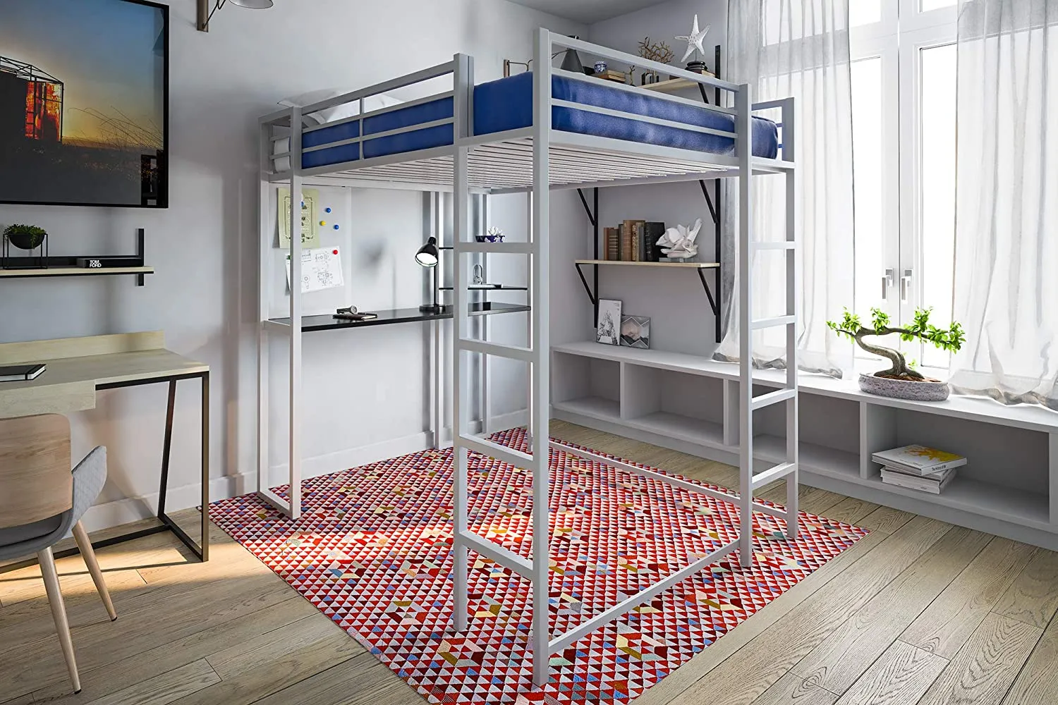 NIB! DHP Abode Full Size Metal Loft Bed with Black desk & shelves, Silver! Sleek & Sturdy! Retails $643 