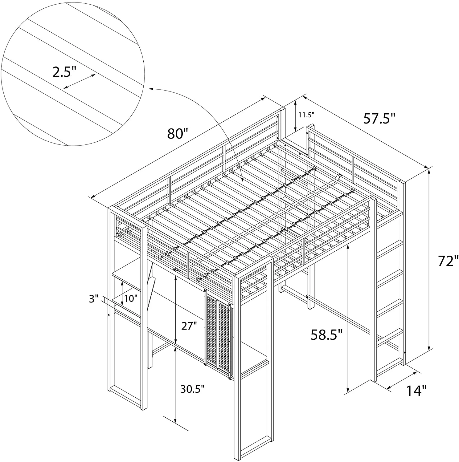 NIB! DHP Abode Full Size Metal Loft Bed with Black desk & shelves, Silver! Sleek & Sturdy! Retails $643 