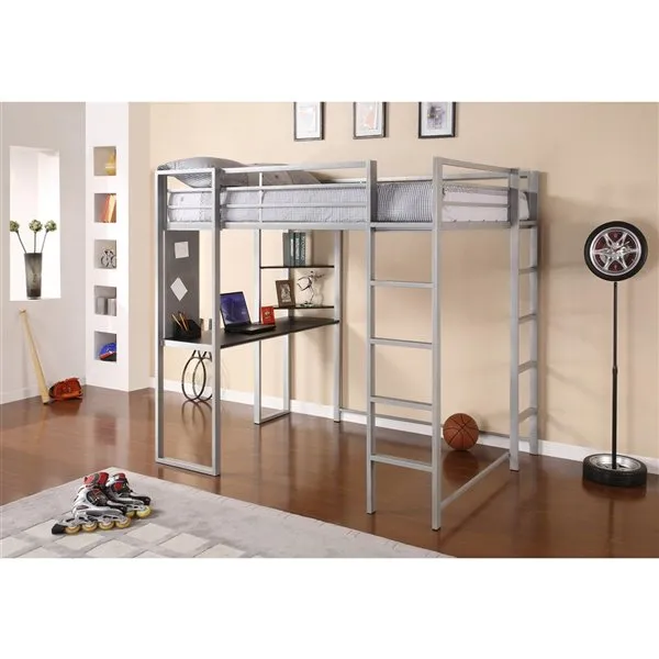 NIB! DHP Abode Full Size Metal Loft Bed with Black desk & shelves, Silver! Sleek & Sturdy! Retails $643 