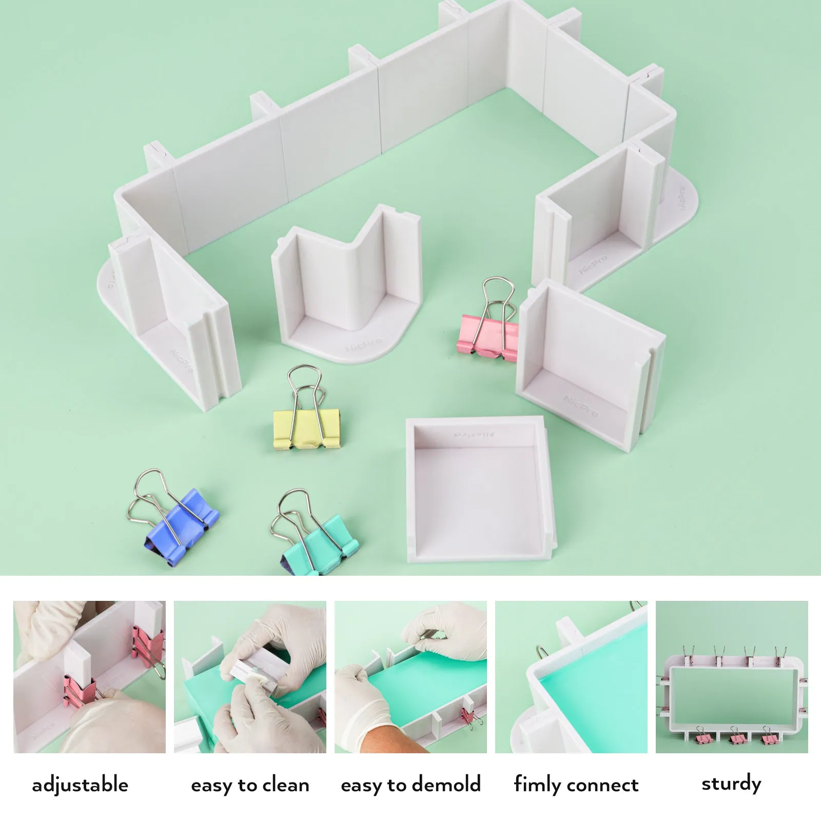 Nicpro Adjustable Molds Housing for Silicone Mold Making, Reusable Plastic Housing Frame Mold Making Silicone Rubber, for DIY Resin Molds, Soap Molds, Candle Molds with Binder Clips, Double-Sided Tape