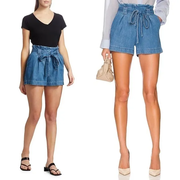 NWT L’AGENCE High Rise Paperbag Waist Soft Denim Tie Belt Pleated Jean Shorts 25