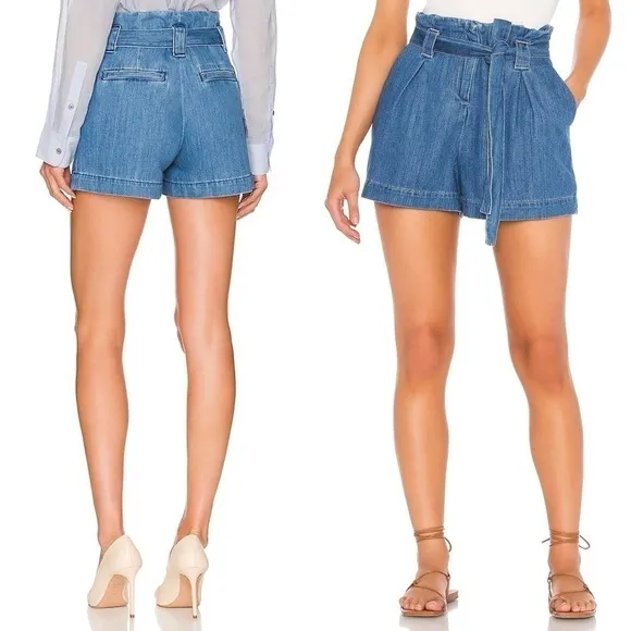NWT L’AGENCE High Rise Paperbag Waist Soft Denim Tie Belt Pleated Jean Shorts 25