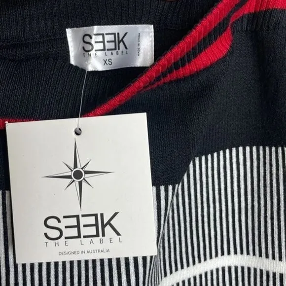 NWT Seek the Label Size XS Red Black White Stripe Knit Stretch Mini Skirt $108