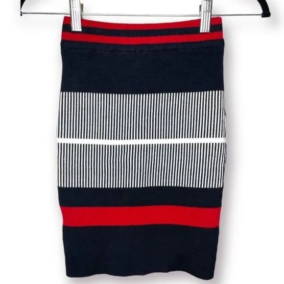 NWT Seek the Label Size XS Red Black White Stripe Knit Stretch Mini Skirt $108