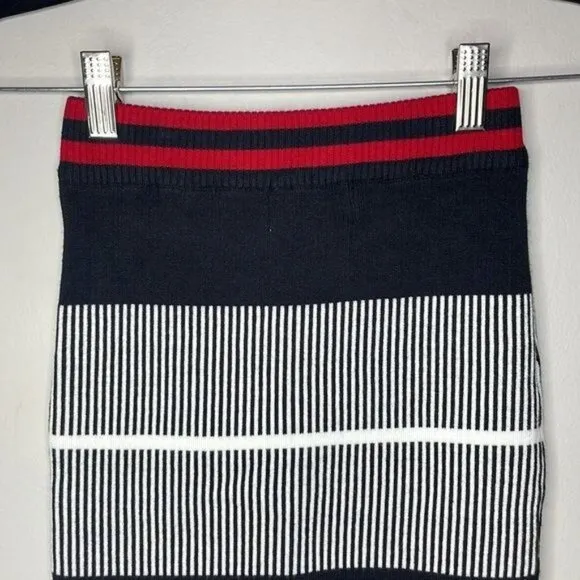 NWT Seek the Label Size XS Red Black White Stripe Knit Stretch Mini Skirt $108