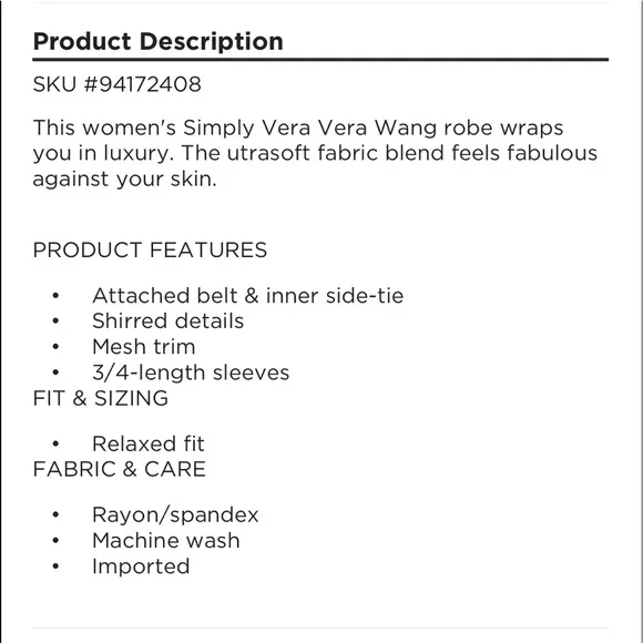 🖤NWT Simply Vera Vera Wang Luxury Wrap Black Robe in XS