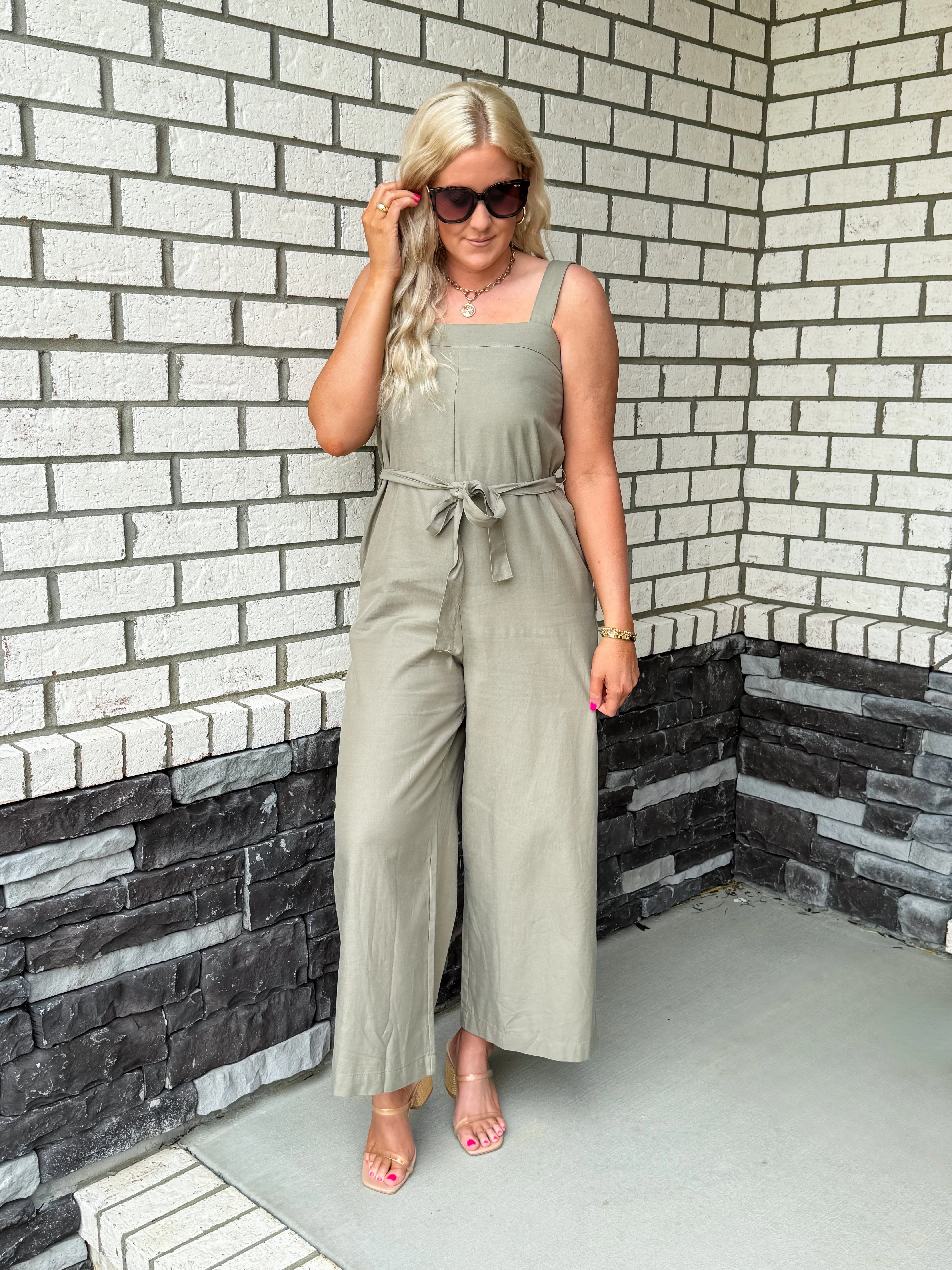 Olive Belted Capri Jumpsuit