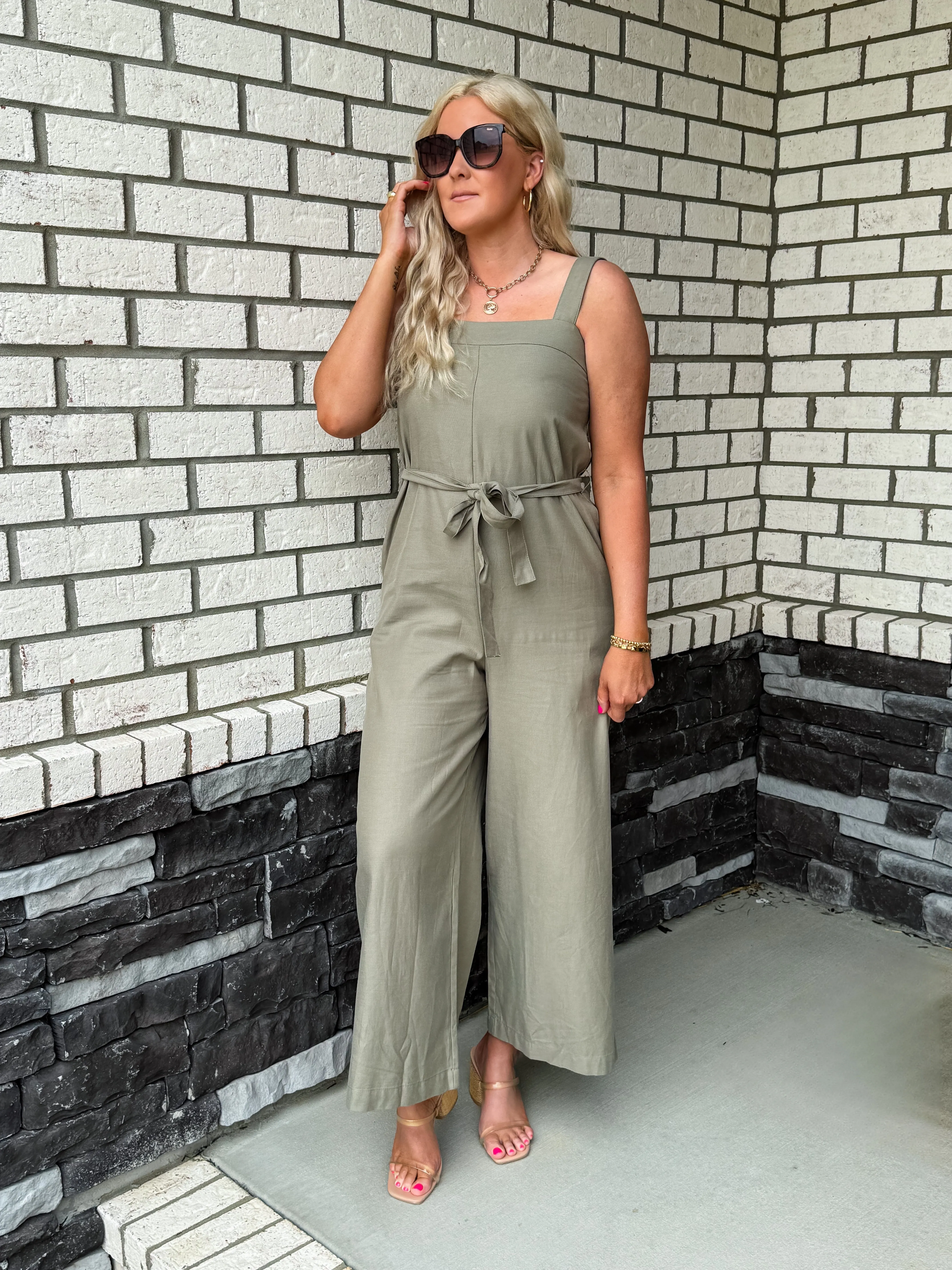 Olive Belted Capri Jumpsuit