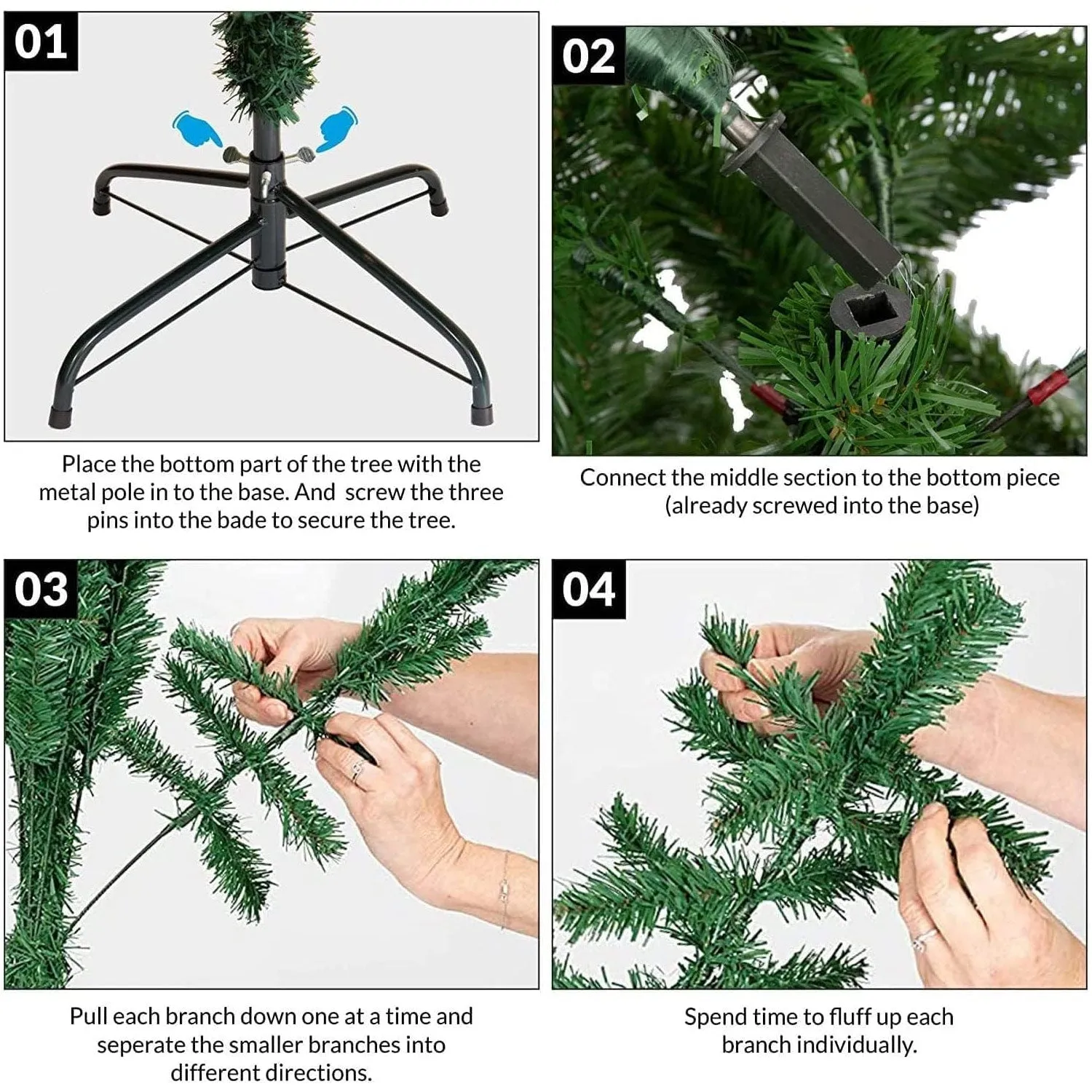 Olsen & Smith 7.5-Foot Pre-Lit Artificial Spruce Christmas Tree with 300 LED Lights, Hinged Trunk for Easy Installation and Storage, Includes Metal Stand