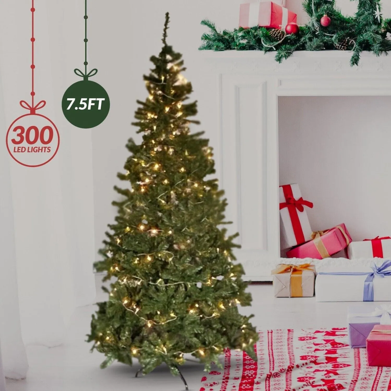 Olsen & Smith 7.5-Foot Pre-Lit Artificial Spruce Christmas Tree with 300 LED Lights, Hinged Trunk for Easy Installation and Storage, Includes Metal Stand