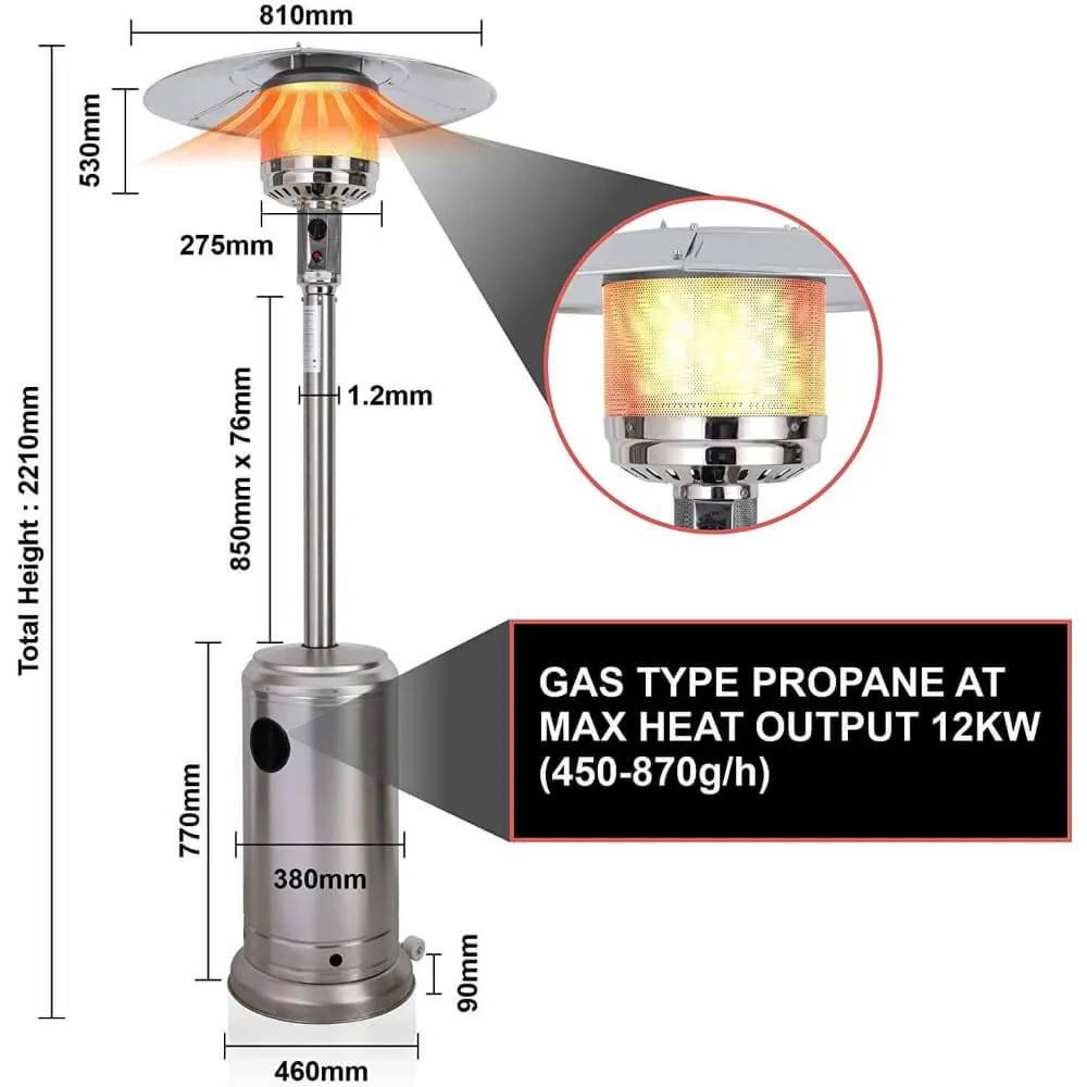 Olsen & Smith Gas Powered Patio Heater, Free Standing Stainless Steel Outdoor Garden Patio Heater Burner, Adjustable Heat, Propane, Silver