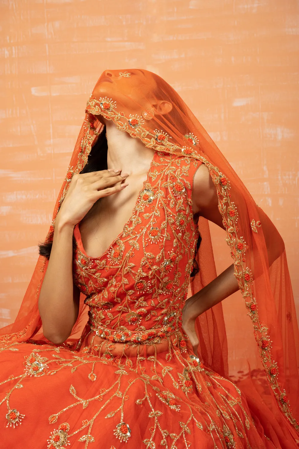 Orange Zardosi Embroidered Lehenga Set