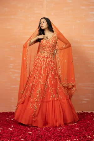 Orange Zardosi Embroidered Lehenga Set