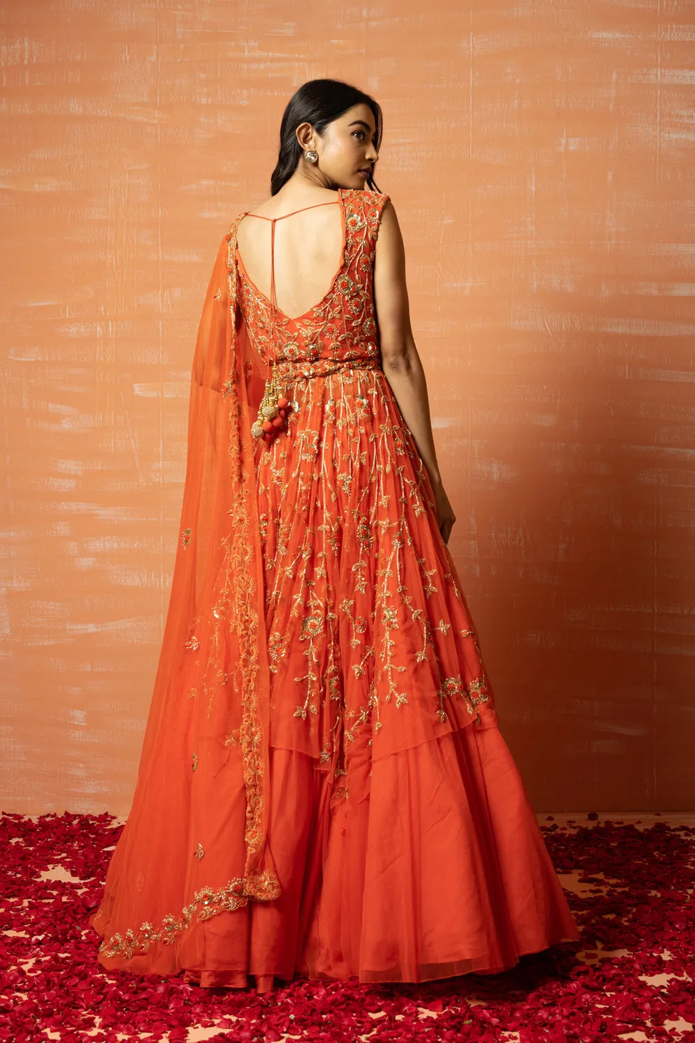 Orange Zardosi Embroidered Lehenga Set