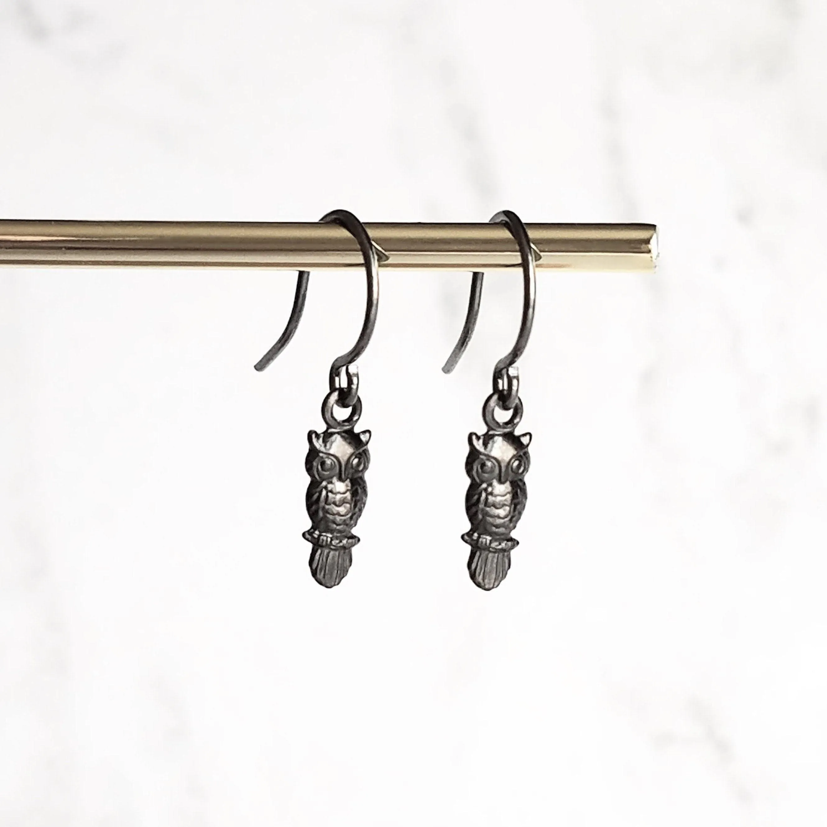 Owl Dangle Earrings, tiny owl earring, antique silver owl, oxidized silver dangle, small bird earring, little hook, delicate earring, owlet