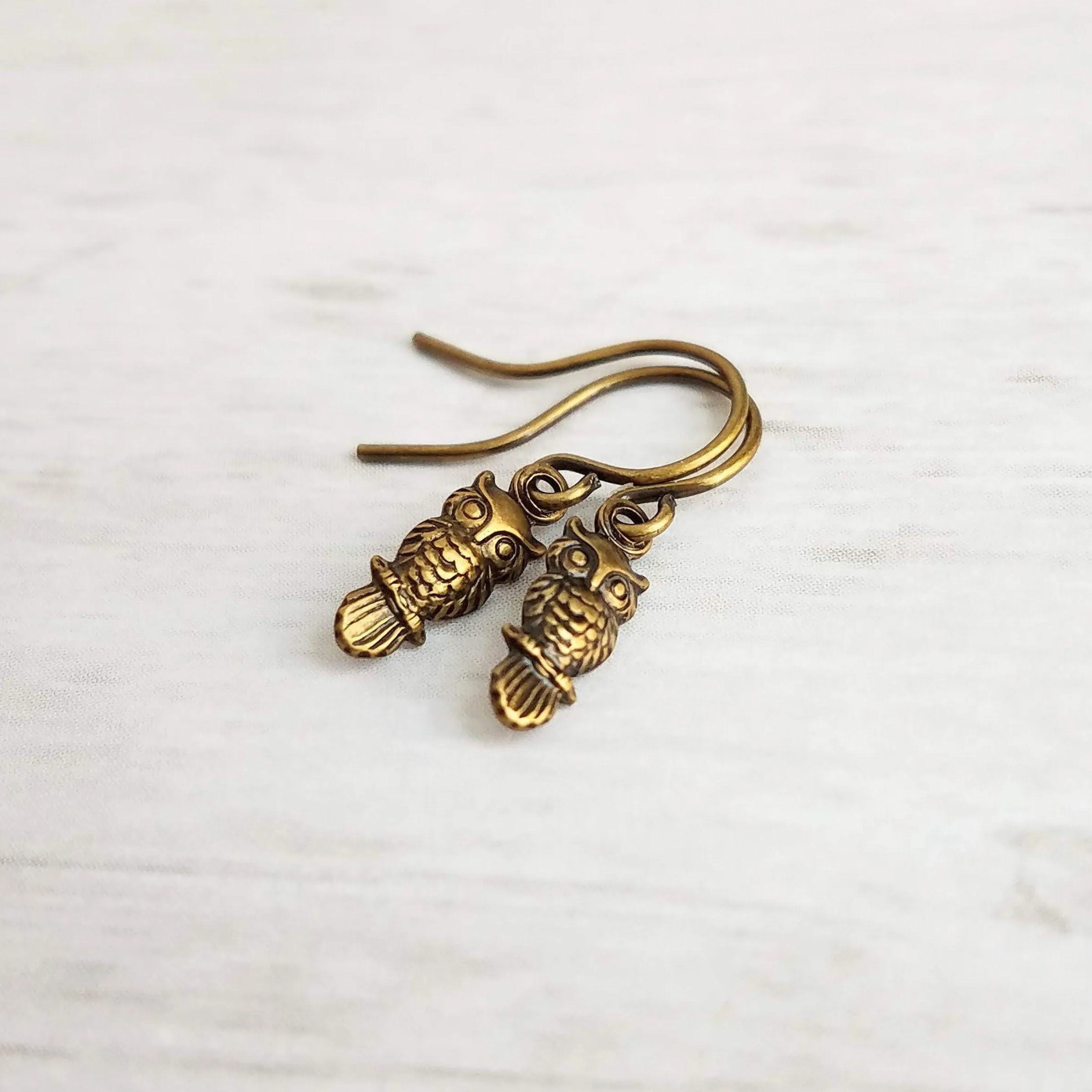 Owl Dangle Earrings, tiny owl earring, antique silver owl, oxidized silver dangle, small bird earring, little hook, delicate earring, owlet