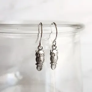 Owl Dangle Earrings, tiny owl earring, antique silver owl, oxidized silver dangle, small bird earring, little hook, delicate earring, owlet