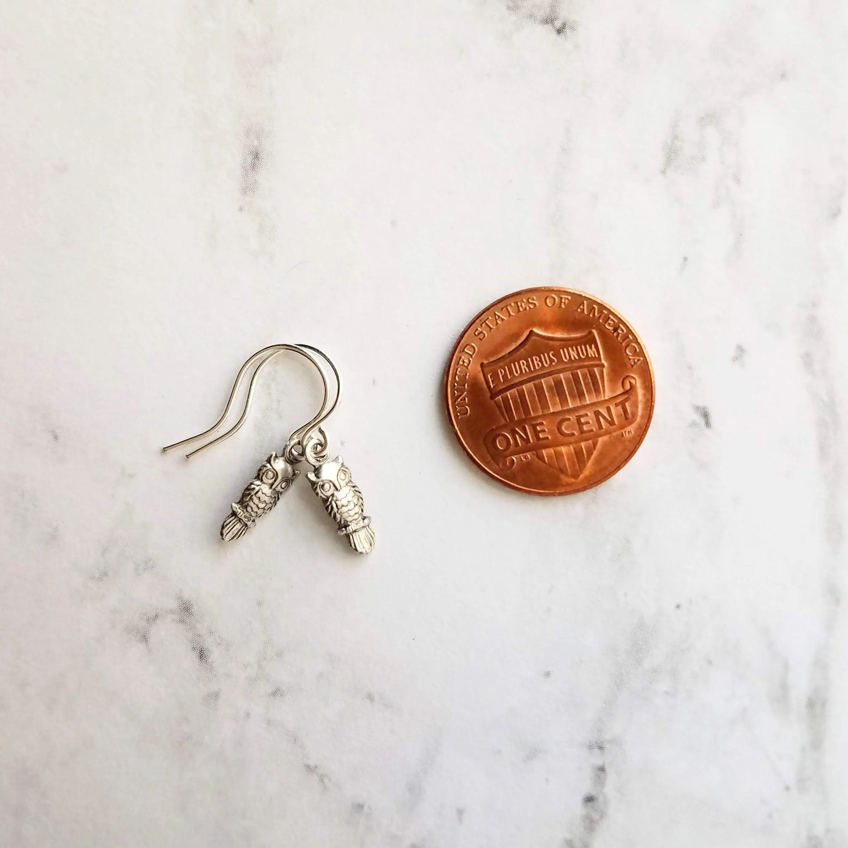 Owl Dangle Earrings, tiny owl earring, antique silver owl, oxidized silver dangle, small bird earring, little hook, delicate earring, owlet
