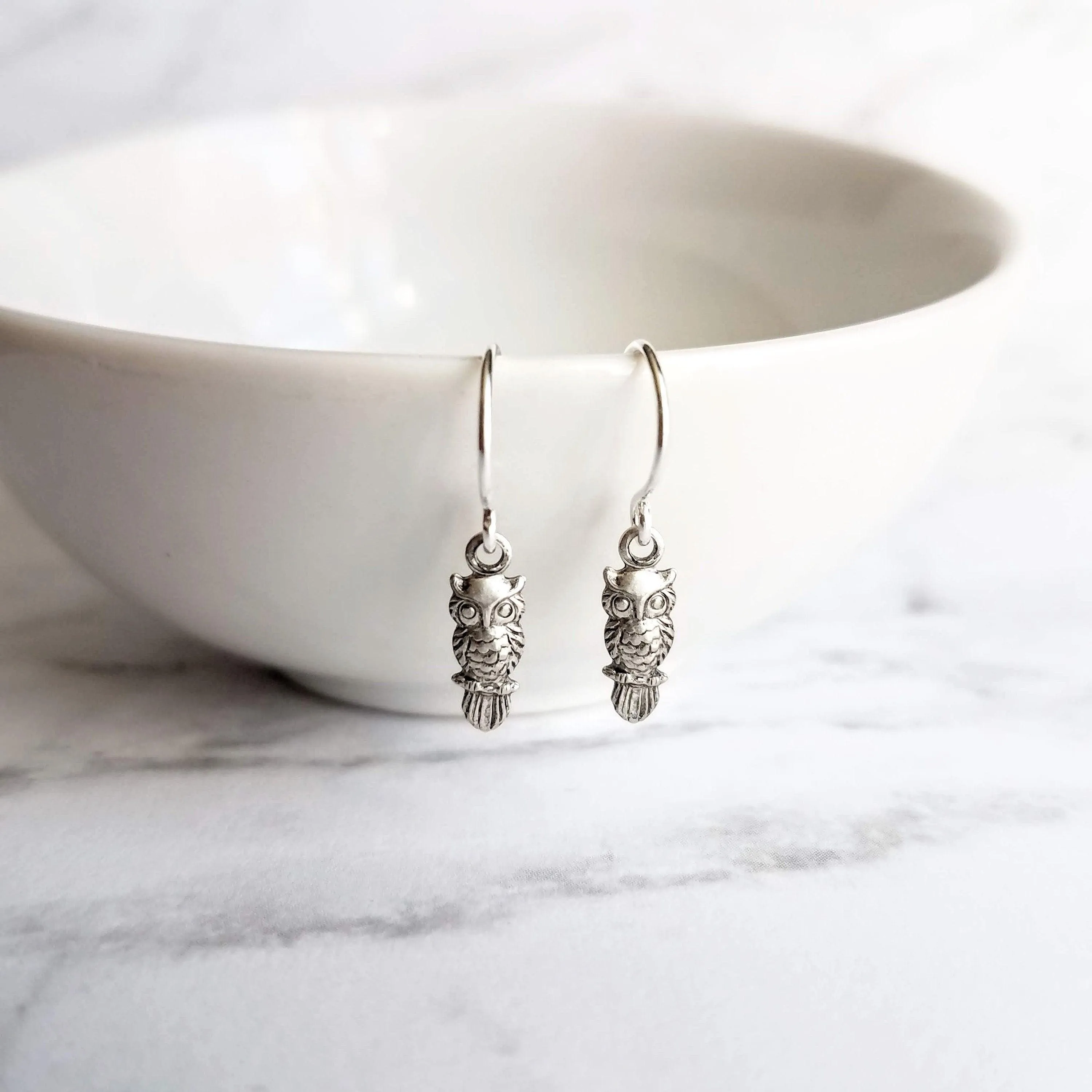 Owl Dangle Earrings, tiny owl earring, antique silver owl, oxidized silver dangle, small bird earring, little hook, delicate earring, owlet