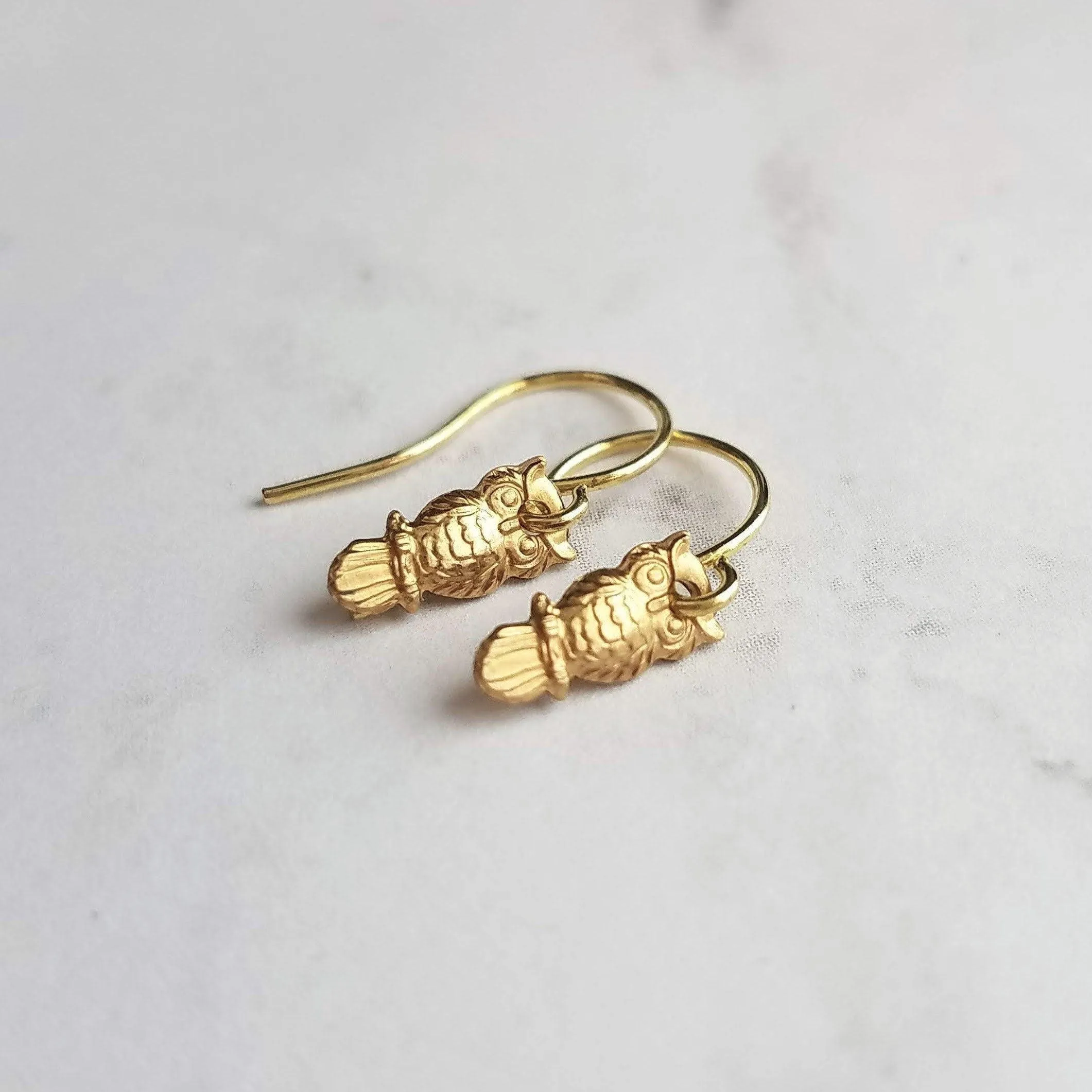 Owl Dangle Earrings, tiny owl earring, antique silver owl, oxidized silver dangle, small bird earring, little hook, delicate earring, owlet